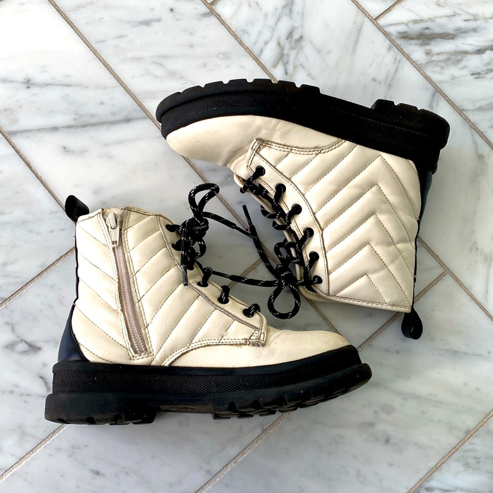 Girls Cream Quilted Combat Boots | Lace-Up | Back Zip | Size 13
